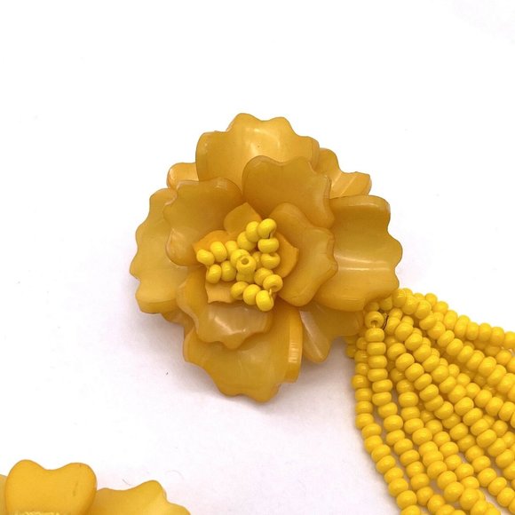 Beaded Flower Dangle Drop Long Tassel Earrings Yellow - Picture 3 of 5